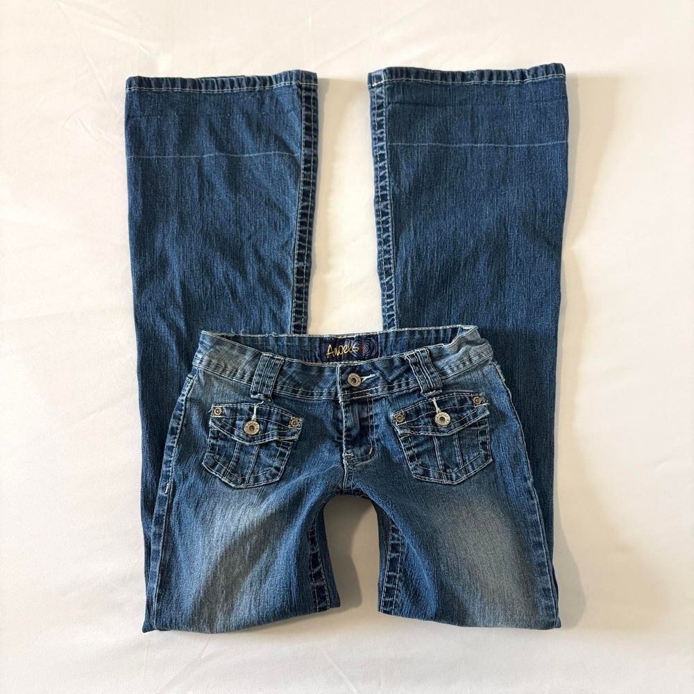 Angels Low Rise Flap Pocket Flare Jeans Women Size 3 Blue Vintage Y2K Denim